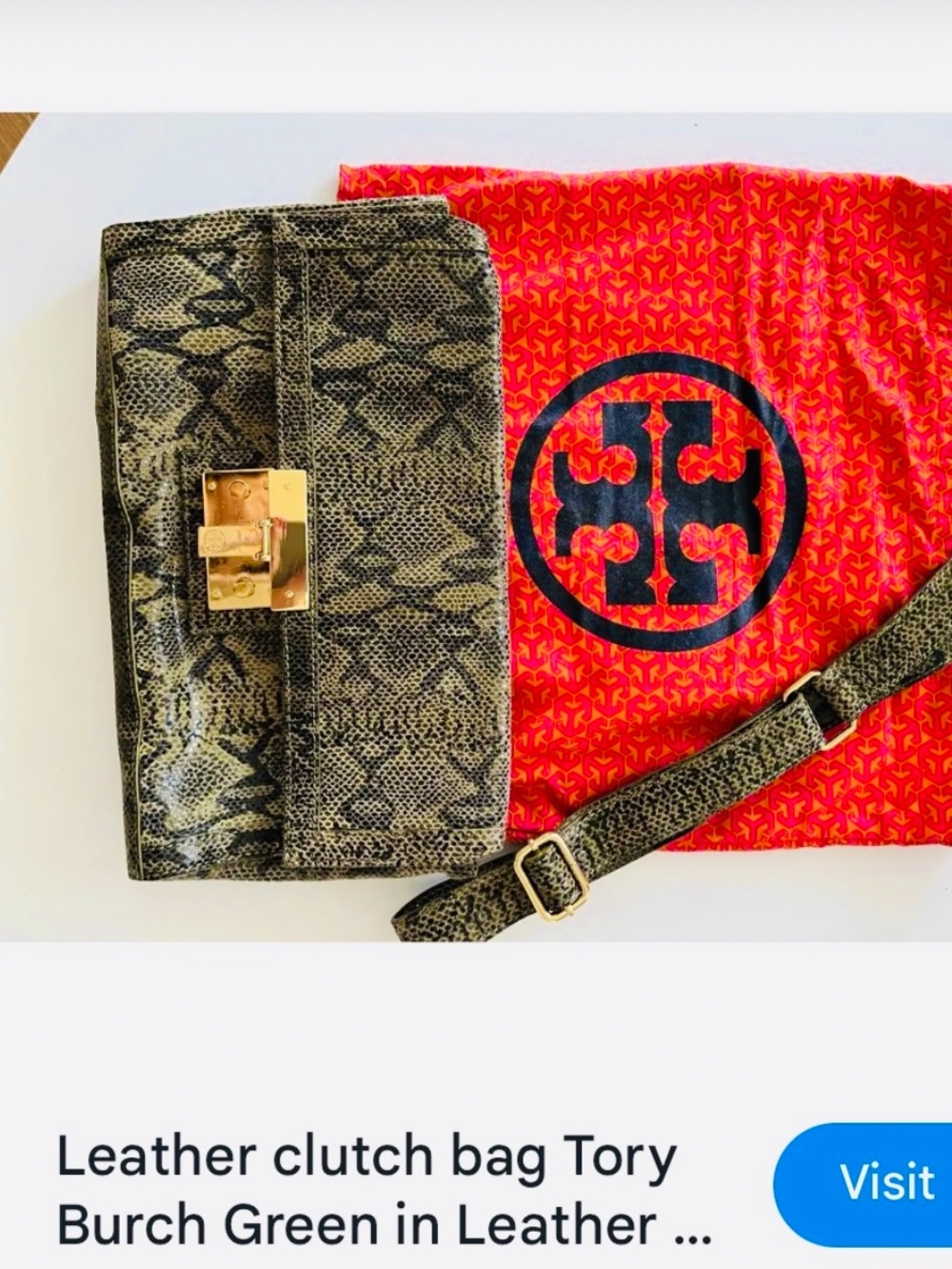 Tory Burch Olive Green Snake-Print Leather  Luggage🔒 Clutch Crossbody